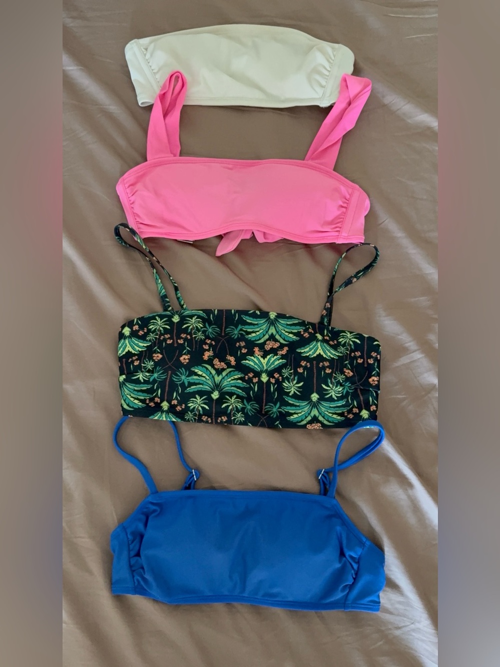 4-Pack Bandeau Bikini Tops: White ribbed, Pink, Tropical Black, Royal Blue